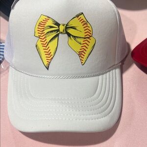 White Trucker Hat with Yellow Bow Baseball Stitch Design - NWT